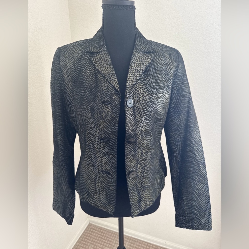 Womens Black And Gold Snakeskin-Textured Leather Button Jacket
